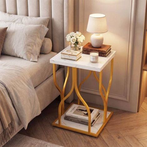 Table de chevet avec étagère, plateau carré aspect marbre et cadre métal, pour chambre, salon ou bureau (1/5)
