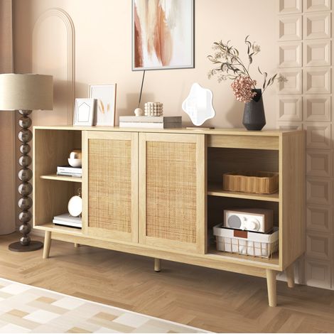 MEUBLIV Aparador 155x38x80 cm madera oscura – 3 puertas correderas de ratán, 2 cajones (1/5)