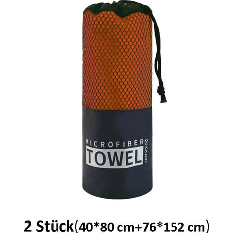 Ensemble de 2 serviettes de sport et de plage avec sac en filet, idéal pour le fitness et le sport. Dimensions : 40 x 80 cm + 76 x 152 cm, orange. (1/5)