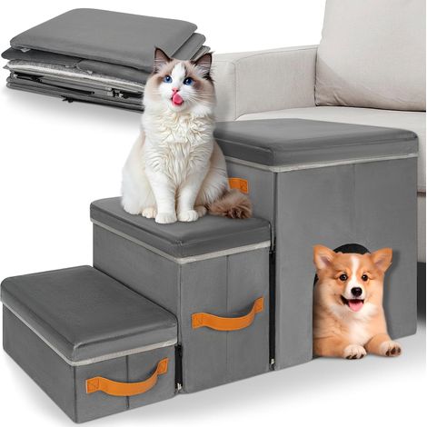 Pet Stairs, 3 Steps, Kennel Design, Foldable Pet Stairs with Storage Space, Combined Use for Beds, Sofas, Maximum Load Capacity: 30 kg (1/5)