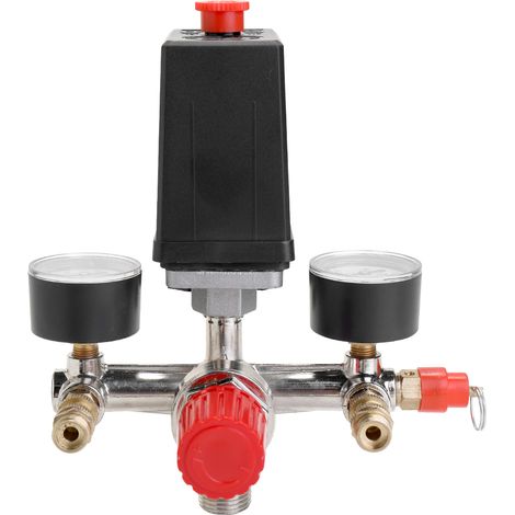 Interruptor de presión para compresor de aire pequeño de 125 PSI (12 bar) con regulador de presión ajustable y válvula de instrumentación.