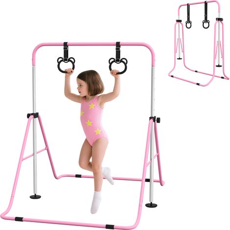 Kinder-Turnbarren mit Ringen, höhenverstellbar, klappbar, rutschfest, Stahlrahmen, 148x105x88-128 cm, Pink