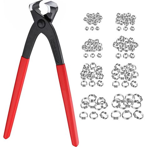 Packung mit 80 Schlauchschellen ohne Ösen – Crimpzange und Edelstahlbänder – Für Gartenschläuche, Kühler oder Turbolader von Kraftfahrzeugen (1/5)