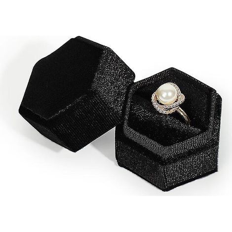Samt-Ringbox, sechseckige Ringbox mit zwei Fächern, schwarz und rosa, 2 Stück, geeignet für Verlobungsfeiern und Hochzeiten am Valentinstag (1/5)