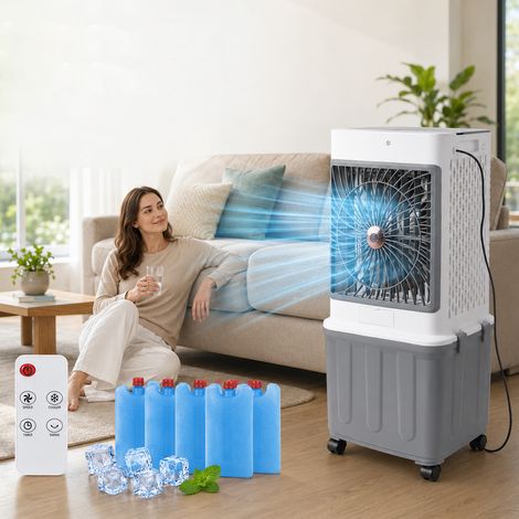 HEMVOR Rafraîchisseur d’air mobile ventilateur évaporatif 32 L 70 W avec télécommande minuterie Blanc