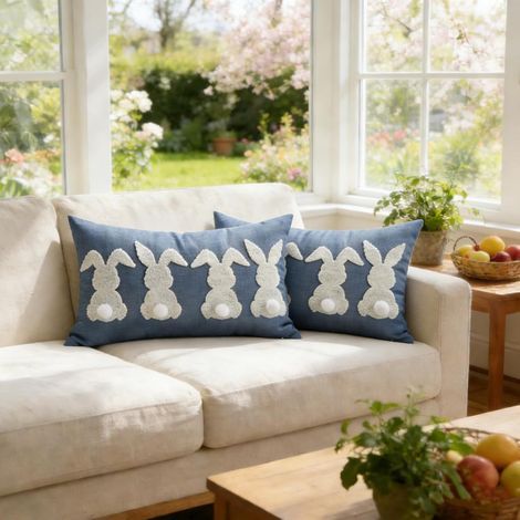 Housses de coussin décoratives de Pâques, 30 x 50 cm (lot de 2) — Motifs avec lapins, fleurs et œufs de Pâques à l'aquarelle — Décoration festive de Pâques (bleu) (1/5)