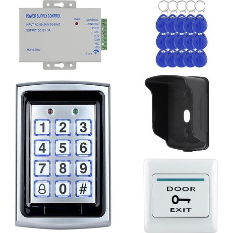 Kit de contrôle d'accès avec clavier en métal, alimentation 12 V, bouton de sortie, 15 porte-clés d'identité, housse de pluie - 1000 utilisateurs, carte/PIN, sortie Wiegand, pour porte d'entrée (1/5)