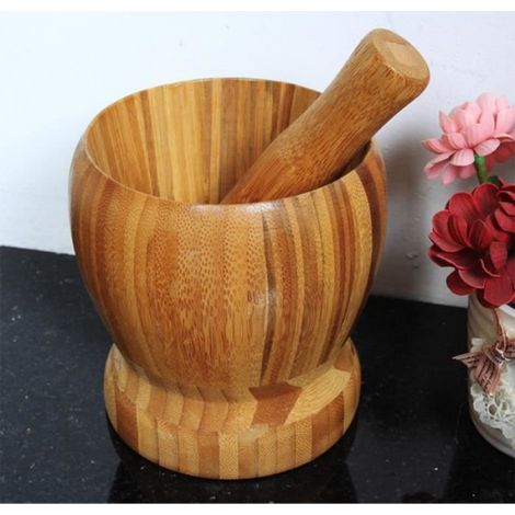 1Pcs Mortier et Pilon en Bois et Bambou Naturel Ustensiles de Cuisine pour Pimenter Gingembre Herbe La Graine Ail (1/4)