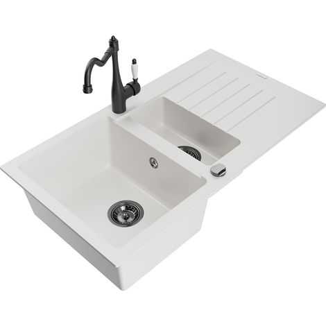 Mexen Matias lavello in granito 1,5 vasche con scolapiatti e rubinetto da cucina Carla, bianco - 6502-20-670700-70 (1/5)