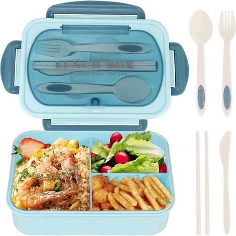 Boîte à lunch pour adultes, boîte bento pour enfants de 1200 ml avec 3 compartiments, boîte à lunch bento étanche avec couverts, vert-bleu (1/5)