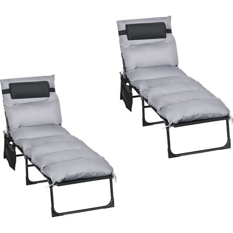 2er-Set klappliege Garten 120 kg Belastbarkeit 5-stufig neigbare Rückenlehne mit Kopfkissen 58 x 189 x 32,5 cm Stahl Polyester Hellgrau