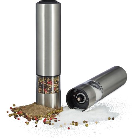 Relaxdays Electric Pepper Mill Set, Light, Salt Grinder, Stainless Steel, Ceramic Mechanism, Battery-Powered, Silver