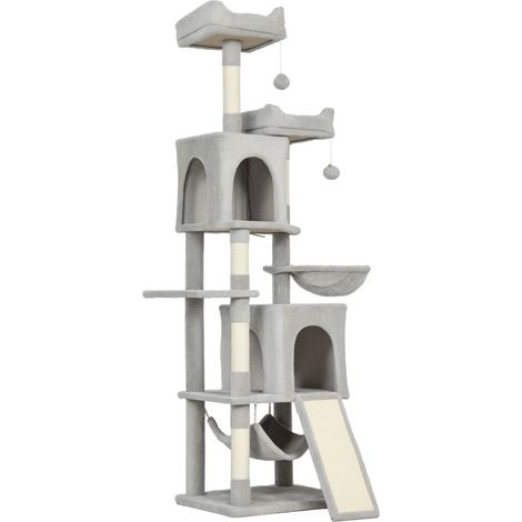 Albero Tiragraffi per Gatti 48x40x177 cm con 2 Casette 2 Lettini Trespolo e 2 Palline Grigio Chiaro e Beige