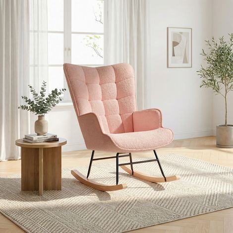 Rocking chair, fauteuil à bascule, chaise allaitement, confortable, relaxant, dossier haut, pieds en bois massif, mousse haute densité, flanelle - Rose