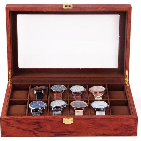 12 Uhren Hölz Uhrenkasten Aufbewahrungskiste Uhrenbox Vitrine Schmuckkoffer Sammelbox mit Glasdeckel