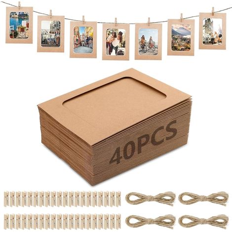 40 cadres photo en papier 10x15 cm, guirlande avec 40 pinces bois et 4 cordes jute, pour DIY anniversaire, mariage, fête. (1/5)