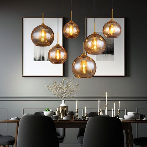 Pendellampe Hängelampe Esstischleuchte 6 flammig Glaskugel amber Wohnzimmerlampe messing, 1x E27, LxBxH 97,5x40x150 cm (1/5)
