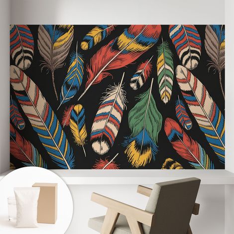 Papier peint intissé mural classique avec imprimé motifs décoratifs design élégant non‑tissé Plumes colorées 104x70 cm (1/5)