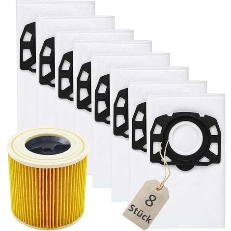 Lot de 8 Sacs 2.863-314.0 pour aspirateur Karcher KFI 357 WD2 Plus, WD3S, WD3S V, SE 4001, SE 4002, KWD3, WD3.200, 1 filtre à cartouche 2.863-303.0 (1/2)