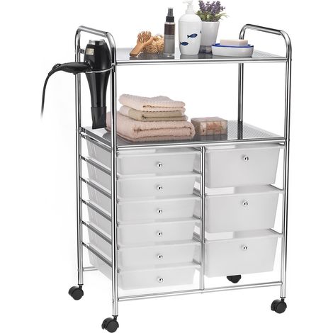 Caisson sur roulettes MARITA chariot 9 tiroirs en plastique blanc transparent et 2 étagères, rangement salle de bain en métal chromé (1/4)