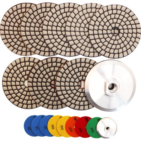Disque de Polissage Diamant - 8PCS (50x3/100x2/200/400/800) 100MM avec Support en Aluminium pour Granit Pierre Marbre Kit de Polissage pour Perceuse Meuleuse Polisseuse (1/5)