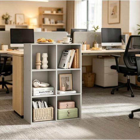 Estantería de cubos 59.6x29x89 cm gris en madera engineered de 6 compartimentos, modular y con sistema antivuelco (1/4)