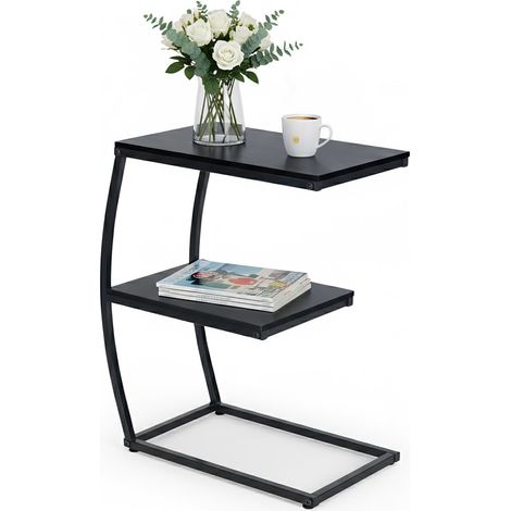 Relaxdays Tavolino da Divano a Forma di C, HLP: 58,5x47,5x25 cm, Tavolo Laterale da Salotto e Letto, Ferro e MDF, Nero