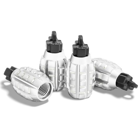 4 Pièces Bouchons Valve en Aluminium, Bouchons Valve en Forme De Grenade, Bouchons de Tige de Valve de Pneu, Anti-Poussière, pour Voitures, SUV, Vélos, Camions, Motos (Argent) (1/5)
