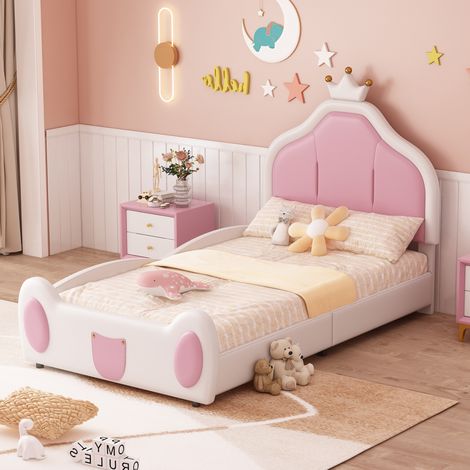 Letto singolo 90x200 cm, con testata a forma di corona, sommier a doghe in legno, struttura in metallo, letto imbottito per bambini in similpelle - Beige