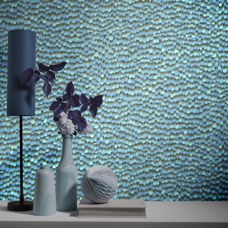 Papier peint 3D motif plume turquoise salle de bain | Tapisserie originale plume chambre & couloir | Papier peint intissé chambre (1/4)