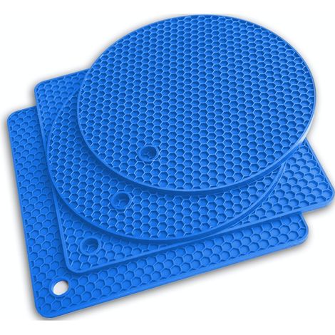 Ensemble d'accessoires de cuisine en silicone Q's INN comprenant 4 pièces : manique, protège-table et plan de travail, égouttoir à vaisselle et gants isolants thermiques 225 °C, couleur bleue (1/5)