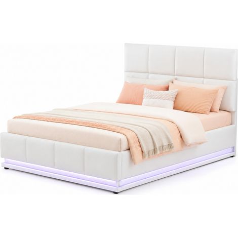 Lit coffre 140x200 cm rembourré en cuir régénéré blanc avec LED 16 couleurs, sommier à lattes et rangement hydraulique pour chambre adulte et ado  CHICFURN (1/5)