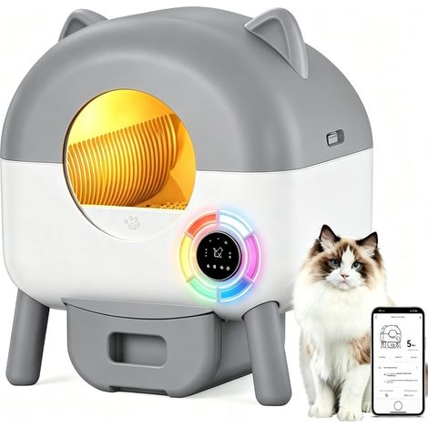 Litiere Chat Autonettoyante XXL, Bac Litiere pour Chat Capacité 89L avec Capteurs de Sécurité, 6 Lumières, Contrôle APP,Anti-fuites/Pincement/Odeur,Silencieuse,Litiere Chat Fermé,pour Plusieurs Chats (1/5)