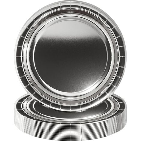 16 Assiettes en papier, Couleur argent, Diamètre 23 cm, Pour fête, Mariage, Noël, Pique-nique (1/4)