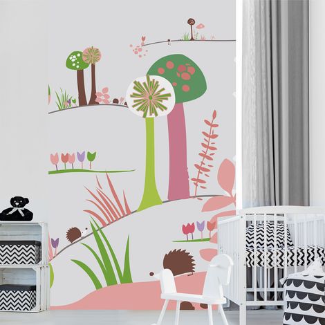 Papier peint intissé gris et rose, 250 cm X 150 cm, pour chambre d'enfant, thème animaux de la forêt, style champêtre. (1/2)