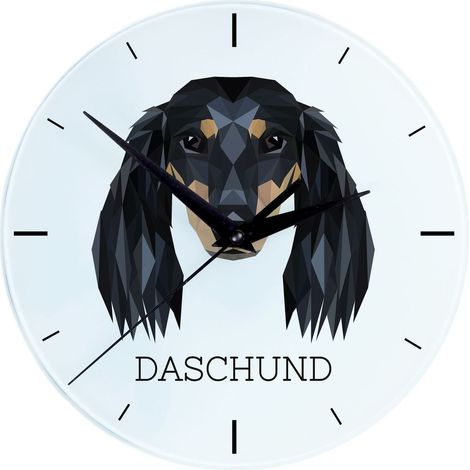 Teckel de pelo largo: reloj de pared geométrico con foto e inscripción de Art-Dog (1/4)