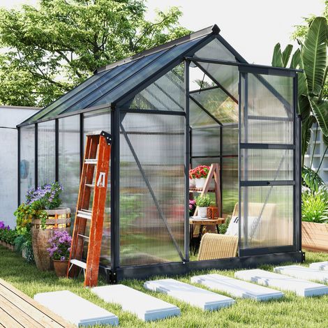 Invernadero de policarbonato, kit de invernadero exterior de aluminio resistente con puerta de ventilación, 1,90 m x 2,53 m x 2 m, color gris. (1/5)