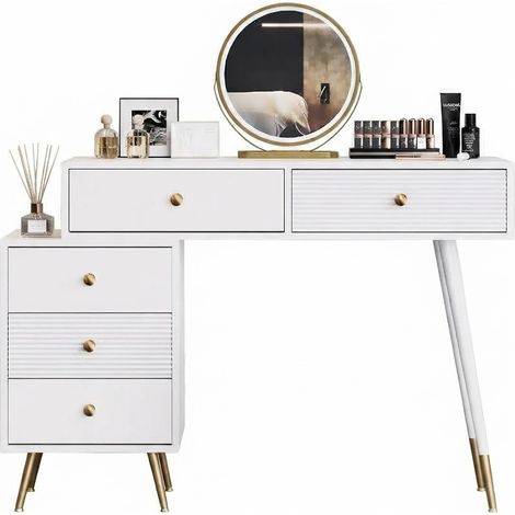 ELVMI Schminktisch mit LED-Spiegel und Verstellbarem Seitenschrank, 3 Lichtfarben, für Schlafzimmer, MDF, 100 x 40 x 78 cm, Weiß (1/5)