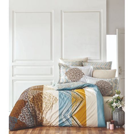 Funda nórdica, funda nórdica, ropa de cama Set Blanco Marrón Azul Mustard