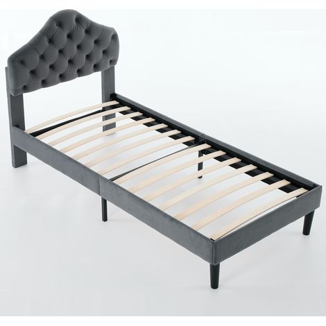 Lit plateforme rembourré 2 places, tête de lit ajustable, sommier à lattes bois, sans coffre tapissier, montage simple, 90x200 cm, gris, DE601090GY (1/5)