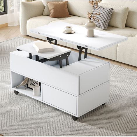 Mesa de centro elevable de 100x50x52 cm con almacenamiento, 4 cajones, ruedas, para salón y despacho, panel blanco. (1/5)