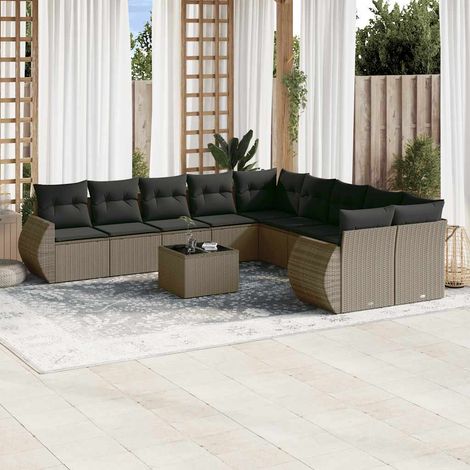 11-tlg. Garten-Sofagarnitur mit Kissen Hellgrau Poly Rattan (1/3)