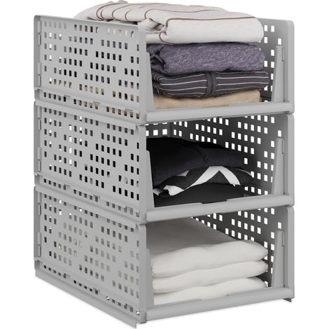 Relaxdays Organizadores de Armario, Set de 3, Cajas Almacenaje Apilables, Extraíbles, Cajones 18 x 33,5 x 43,5 cm, Gris