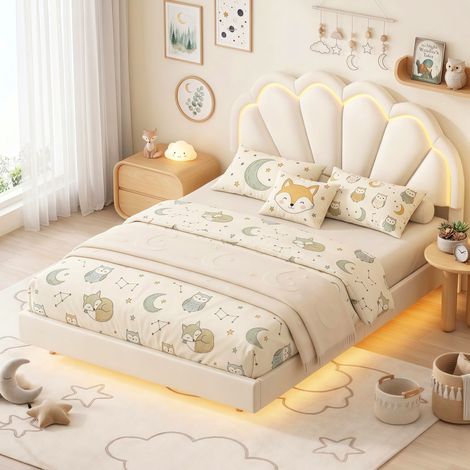 Lit Double Tapissier 140x200 Suspendu avec Éclairage LED et Tête de Lit, Lit Flottant en Velours avec Sommier Inclus - Beige