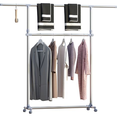 Portant réglable Stender acier inox ABS, 4 roulettes pivotantes, 165x48x180cm