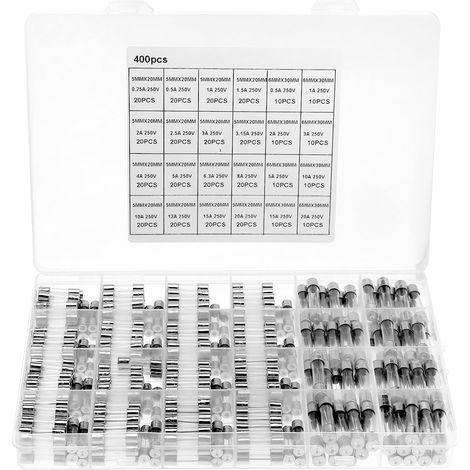 400pcs 24 Values Glass Fuses 15.5x20mm 0.25A-20A Fuses for Electrical Appliances (1/5)