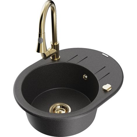 Mexen Kevin fregadero de granito de 1 seno con escurridor y grifo de cocina Elia, negro moteado - 6517-76-670101-50 (1/5)