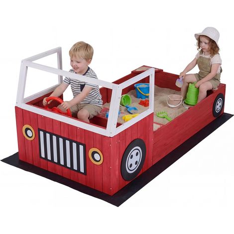 COSTWAY Sabbiera per Bambini in Legno Massello, Sabbionaia da Esterno con Panca Sedile e Fodera, Forma di Autopompa, Gioco per Spiaggia, Cortile e Giardino, 156x80x70 cm (1/5)