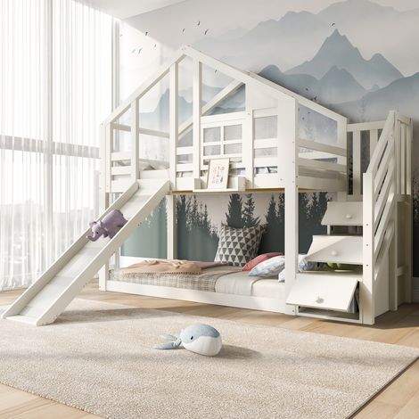 Litera 90x200cm estilo casa con tobogán y cajones Blanco Apto para niños (Sin colchón) (1/5)