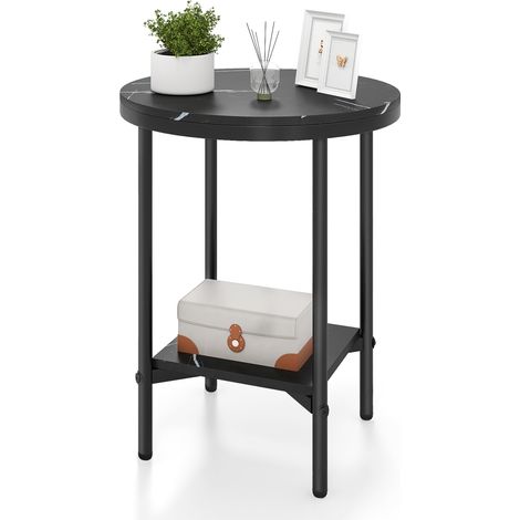 COSTWAY 2-Tier Accent Table Round Faux Marble End Table with Metal Frame Storage Shelf Black (1/5)